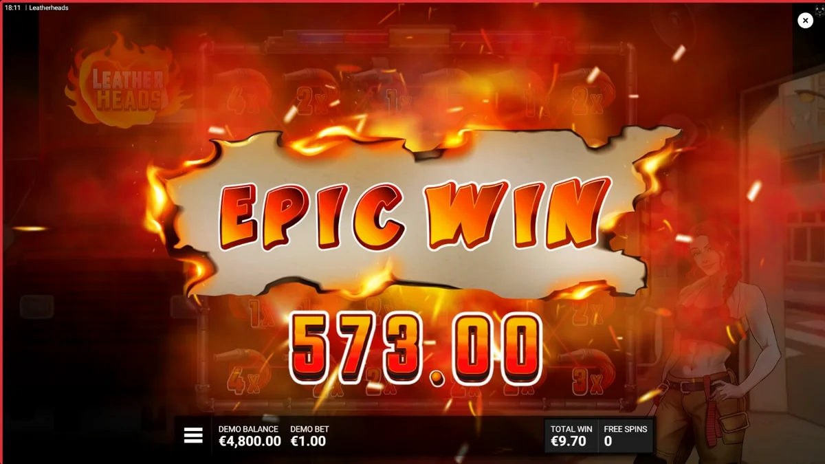 Leatherheads slot game screen na nagpapakita ng mga neon na bumbero at fire hose symbols